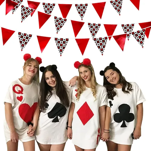 Miniatura 5 de Decoraciones de fiesta de casino de 32 pies, pancarta roja y negra, bandera triangular, banderines de tela para noche de juegos, temática de Las