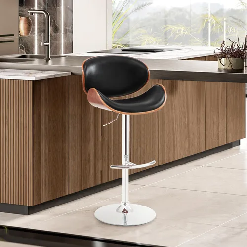 Miniatura 2 de Armen Living Taburete giratorio Naples en piel sintética negra, madera de nogal y acabado cromado Acabado cromado/negro