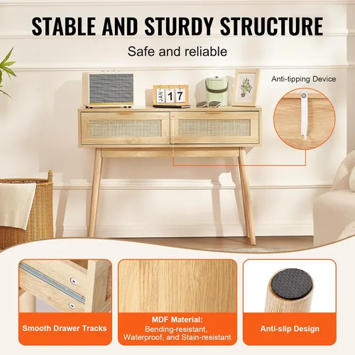Miniatura 7 de VEVOR Mesa consola de ratán con 2 cajones de almacenamiento, mesa de entrada de ratán con puerta corredera de ratán natural, mesa de sofá para sala