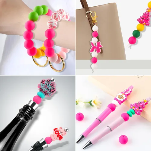 Miniatura 4 de Sunrony 70 cuentas de silicona para hacer collares, cuentas redondas de silicona a granel de 0.59 pulgadas para bolígrafos (rosa intenso)