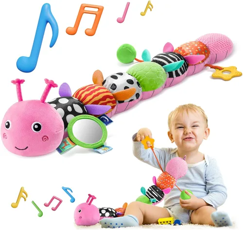 HEMRLY Juguete sensorial para bebé de 0 a 6 meses, peluche musical de oruga con mordedor, arrugado, sonajero, espejo de bebé para el tiempo boca Rosa