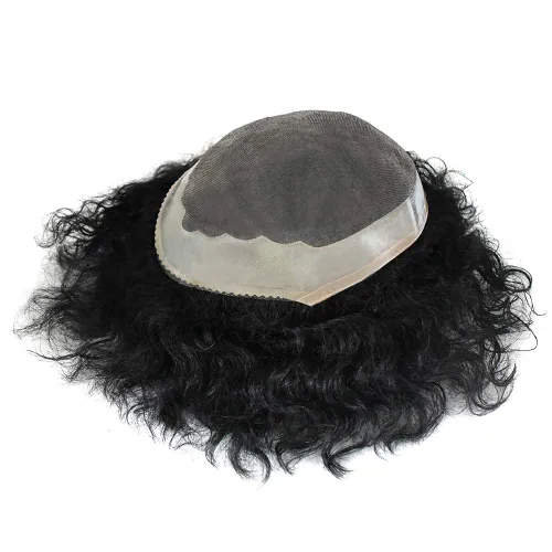 Miniatura 4 de LYRICAL Hair rizado ondulado Toupee para hombres negro cabello humano fino mono postizo poli piel NPU alrededor de sistemas de cabello reemplazos #