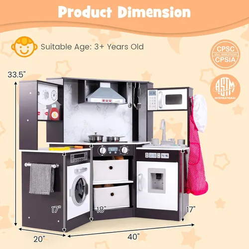 Miniatura 6 de Costzon Cocina de juego de esquina, juego de cocina de madera para niños pequeños con luces y sonidos, sistema de circulación de agua, lavadora