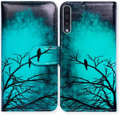 Bcov Funda para Galaxy A50, color verde pájaro negro con tapa y ranura para tarjeta de crédito, soporte para tarjeta de identificación con función
