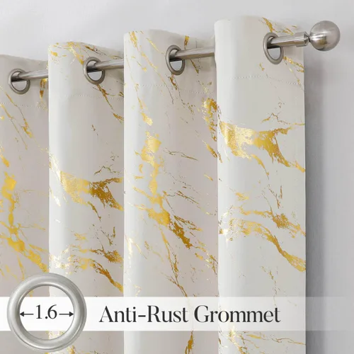 Miniatura 2 de WUBODTI Cortinas 100% Opacas de Mármol Beige de 63 Pulgadas de Largo 2 Paneles, Cortina Corta con Ojales de Impresión de Lámina Dorada Moderna