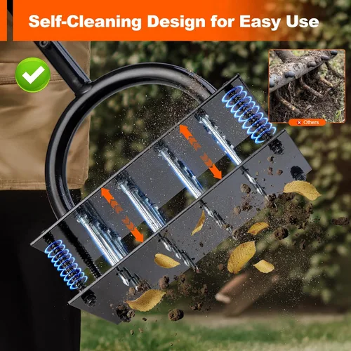 Miniatura 5 de Bluesea Herramienta aireadora de césped – 16 picos de hierro con mango ergonómico en T, limpieza automática de suciedad para aflojar el suelo