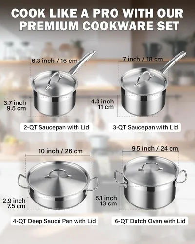 Miniatura 2 de Cooks Standard Juego de utensilios de cocina de acero inoxidable, ollas y sartenes profesionales incluyen cacerola, sartén para saltear, olla