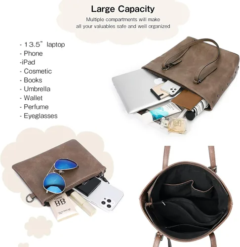 Miniatura 4 de KL928 Bolso de mano para mujer, bolso de mano de piel sintética, bolso de hombro grande, asa superior, monederos, juego de 2 piezas