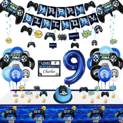 Miniatura 9 de Decoraciones de fiesta de videojuegos – Decoraciones de 7º cumpleaños para niños, pancarta de feliz cumpleaños, globos de videojuegos, globos azules