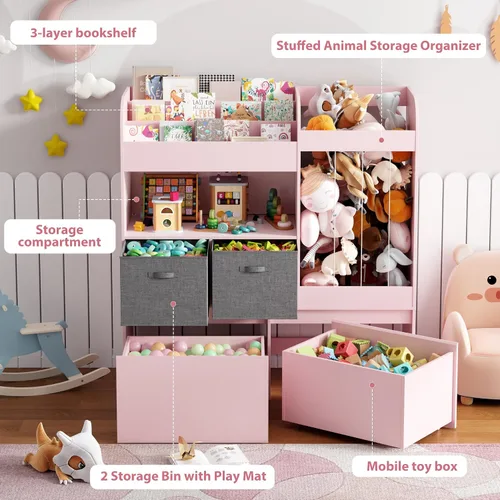 Miniatura 3 de Soporte para animales de peluche, estantería para niños con tapete de juego, almacenamiento de juguetes de madera con 2 cajones móviles y estantería