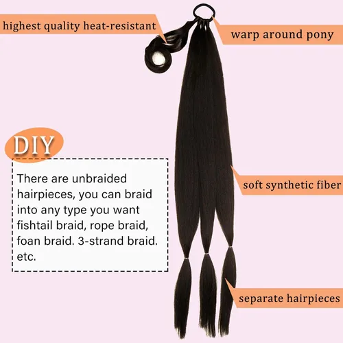 Miniatura 2 de Extensión de cola de caballo de trenza larga con lazo elástico, 1 unidad, extensiones de cabello sintético lacio y elegante envolvente para mujer