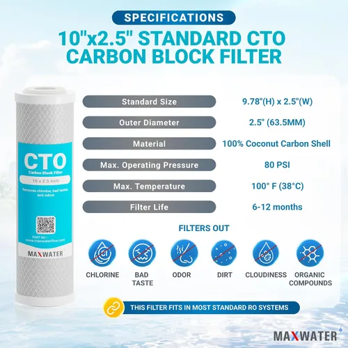 Miniatura 2 de Max Water CTO - Cartucho de filtro de repuesto de 5 micras, 10 x 2.5 pulgadas, bloque de carbono de cáscara de coco para sistema de filtración