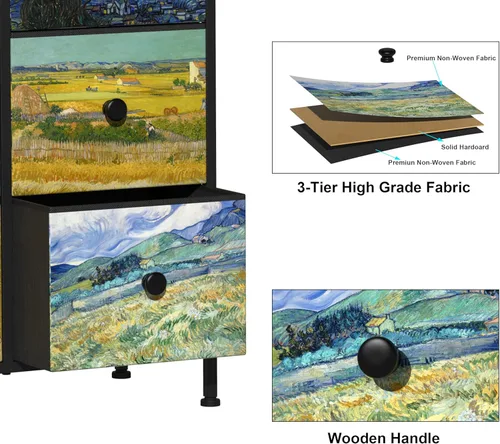 Miniatura 5 de EXOTICA Cómoda alta con 8 cajones para dormitorio, cómoda estrecha de cajones Van Gogh para pasillo, clóset, sala de estar, marco de acero, rústico