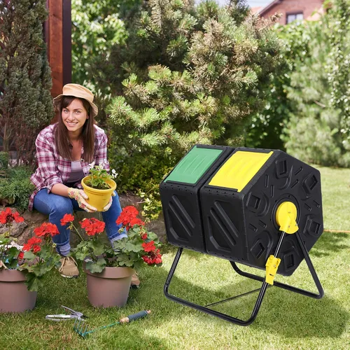 Miniatura 5 de JupiterForce Contenedores de compostaje de doble cámara, vaso giratorio de compost con 2 puertas correderas para jardines al aire libre, para todas