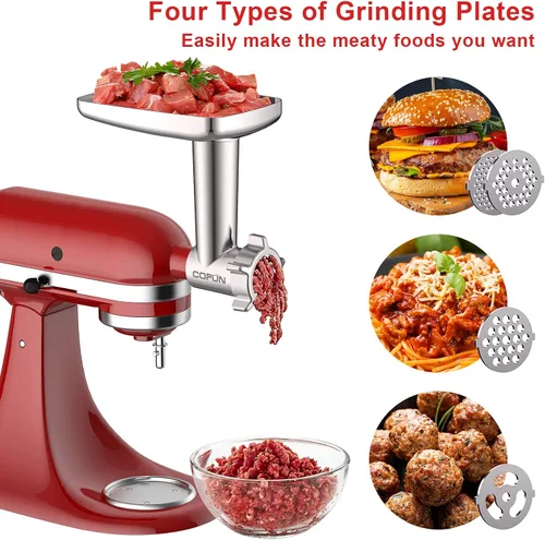 Miniatura 3 de COFUN Picadora de carne para batidora KitchenAid, molinillo de alimentos de metal con 4 placas de molienda, 3 tubos de relleno de salchichas, 2