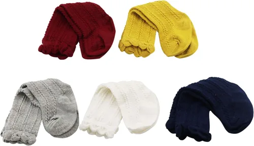 Miniatura 14 de Bestjybt Calcetines altos hasta la rodilla de algodón para bebés y niños pequeños, calcetines de punto trenzado con volantes, 5 pares
