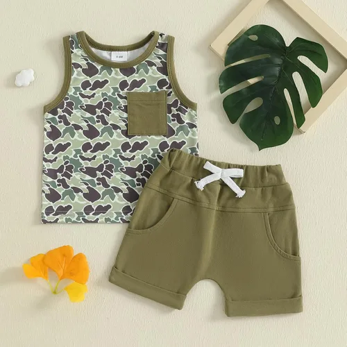 Miniatura 82 de Ropa de bebé niño sin mangas + pantalones cortos con estampado a rayas con bolsillos, 2 piezas de trajes de verano