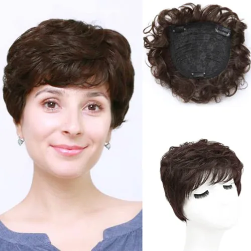 Peluca de repuesto rizado natural de 5.1 x 5.1 in, corto con clip en cabello ondulado para mujeres con cabello fino color marrón oscuro