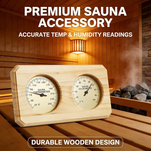 Miniatura 3 de Termómetro higrómetro de sauna, medidor dual de temperatura de sauna de madera, Fahrenheit montado en la pared (30-250°F) y medidor de humedad