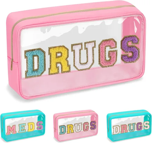 Miniatura 9 de Iqimott Bolsa de parche de felpilla con letras MEDS transparente, bolsa de maquillaje portátil de preparación para mujeres y niñas, viajes, bolsa