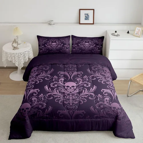 Miniatura 2 de Juego de ropa de cama de damasco violeta salmón para adultos, juego de edredón barroco victoriano antiguo, tamaño Queen, edredón floral gótico Multi