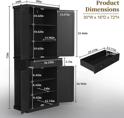 Miniatura 2 de ARTPOWER Armario de almacenamiento de despensa de cocina de 72 pulgadas de alto con cajón y estantes ajustables, armario de despensa para cocina
