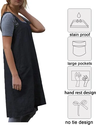 Miniatura 4 de ZQFFB Pinafore - Delantal con espalda cruzada para mujer, con bolsillos, bata japonesa para el trabajo, jardinería, cocina, pintura, hornear