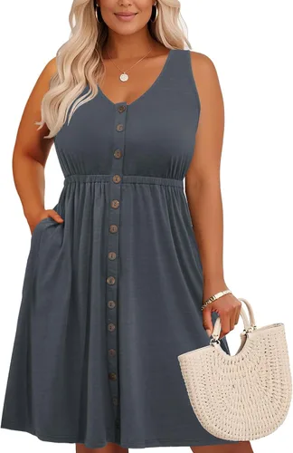Miniatura 58 de Holipick Vestidos de verano para mujer, talla grande, casual, con bolsillos, acampanado, con botones, sin mangas, cuello en V