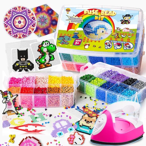 Goody King Juego de Cuentas de Fusión con Plancha - Kit de Cuentas de Fusión para Manualidades Infantiles con Tablero de Clavijas y Cuentas Pony