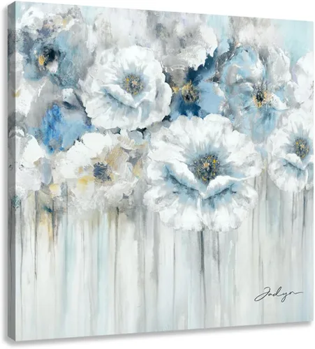 Woxfcart Arte de Pared en Lienzo con Imagen de Flores Florales Blancas con Decoraciones Doradas para Sala de Estar Azul Dormitorio Baño Decoración