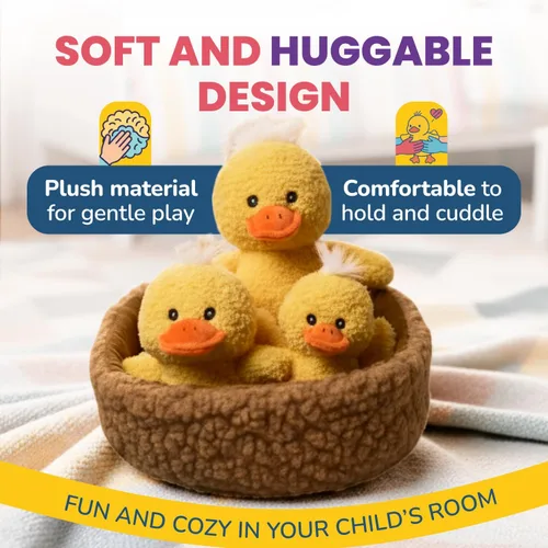 Miniatura 5 de Juego de juguetes de peluche de la familia de patos de tres piezas, con tres juguetes de peluche de pato amarillo con canasta, peluche suave de pato