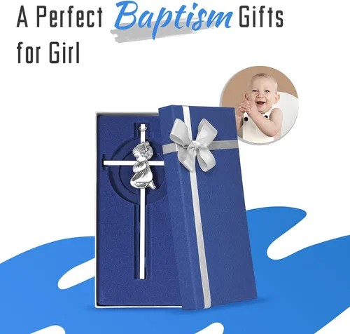 Miniatura 2 de Tryuunion Cruz de pared para bebé, regalos de bautizo para niña, cruces de 7 pulgadas plateadas para niñas orando, ideales para primera comunión
