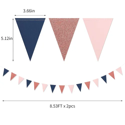 Miniatura 3 de Banderín de papel azul marino, rosa y oro rosa, paquete de 2 banderines de triángulo con purpurina, 52 pies de revelación de género colgante