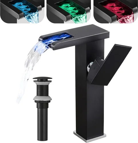 Miniatura 11 de Grifo de baño con luz LED RGB, boquilla de cascada, color negro, 3 colores cambiantes, mango de un agujero, conjunto de drenaje a juego