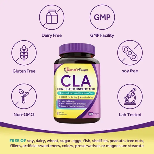 Miniatura 5 de Doctor's Recipes CLA Supplements 2000 mg, 180 cápsulas blandas, 80% ácido linoleico conjugado de aceite de cártamo, para mujeres y hombres,
