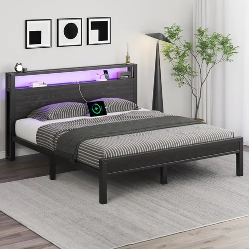 Miniatura 3 de Marco de cama tamaño completo con cabecera de almacenamiento, cama plataforma industrial con estación de carga y luces LED, listones de metal Negro
