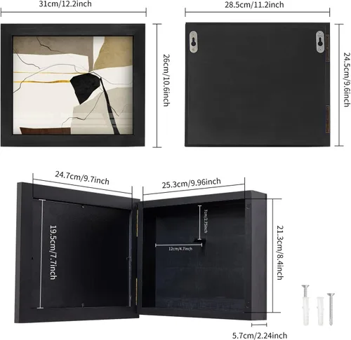 Miniatura 3 de Caja de Almacenamiento Oculta para Armas, Caja de Seguridad Oculta para Pistolas con Marco de Imagen Magnético de Madera para Armas de Mano, Caja