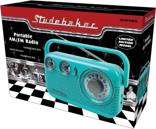 Miniatura 7 de Studebaker SB2003 Radio AM FM portátil retro Altavoz incorporado Alimentado por CA/batería Cable de entrada auxiliar (paquete) (Turquesa)