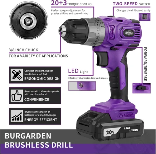 Miniatura 7 de Juego de taladro inalámbrico sin escobillas morado, kit de controlador de potencia compacto de 20 V con motor eléctrico, ajuste de par de 20+3, 48
