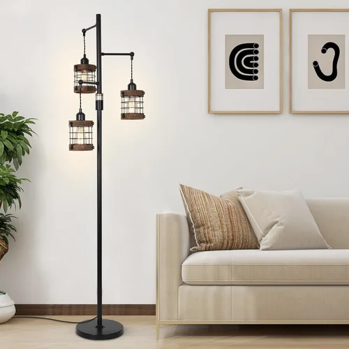 Miniatura 9 de Lámparas de pie regulables para sala de estar, lámpara de pie industrial de 3 luces con jaula de madera y metal, lámpara de pie de granja lámpara