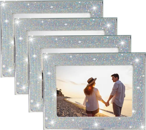 Marco de fotos brillante para mujer, accesorios de escritorio para oficina, marco de fotos con diamantes de imitación plateados, marco de fotos de 5
