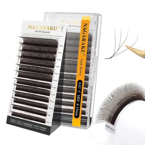 Miniatura 260 de NAGARAKU Extensiones de pestañas Double Tips 4D W, suministros con puntas dobles, gruesas con rizado D de 0.07 mm, bandeja mixta 8-15 mm, 0.07-D