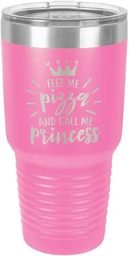 Miniatura 13 de Vaso grabado con pajita y tapa superior deslizante de acero inoxidable para viaje con texto en inglés "FEED ME PIZZA AND CALL ME PRINCESS