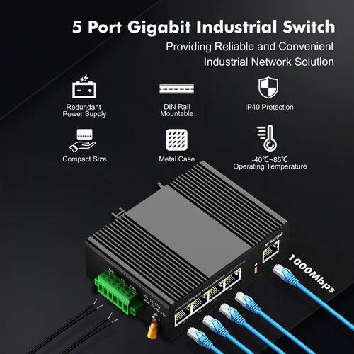 Miniatura 2 de MokerLink Conmutador Ethernet industrial Gigabit de 5 puertos con riel DIN, capacidad de conmutación de 14 Gbps, conmutador de red con clasificación