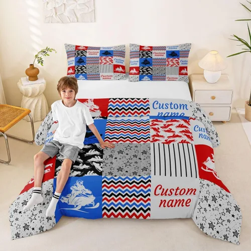 Miniatura 11 de Juego de edredón de softbol personalizado, juego de ropa de cama de retazos a cuadros para niños y niños, edredón de bate de béisbol, juego