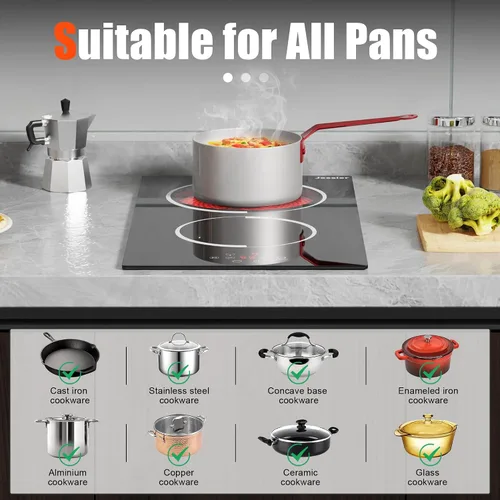 Miniatura 4 de Estufa eléctrica de 2 quemadores – Placa de cocina de cerámica integrada de 12 pulgadas, 3000 W, estufa eléctrica de dos quemadores con protección