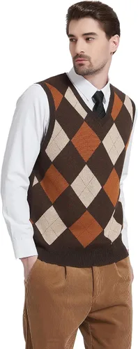 Miniatura 7 de Kallspin Suéter tipo chaleco con rombos para hombre, mezcla de lana, cuello en V, sin mangas