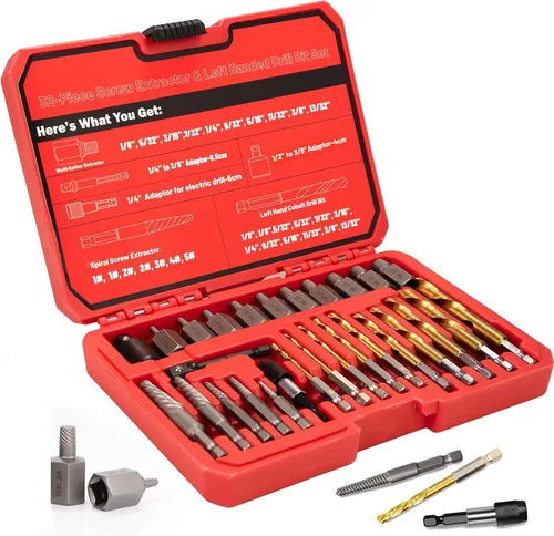 Miniatura 12 de Juego de 53 extractores de tornillos, juego de brocas para mano izquierda 6542/4341 HSS, juego de extractor de pernos fácil de sacar con adaptador