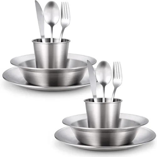 Miniatura 2 de Odoland Juego de utensilios de cocina de acero inoxidable para acampar para familia y persona, cubiertos de vajilla de cocina con platos, tazones