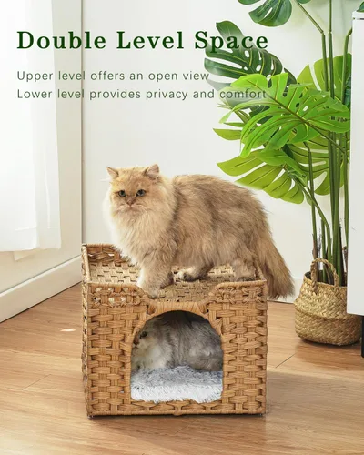Miniatura 2 de SETVSON Camas para gatos para interiores, casa de gatitos, cubo de ratán tejido a mano, cueva para gatos, casas grandes para gatos, una alfombrilla